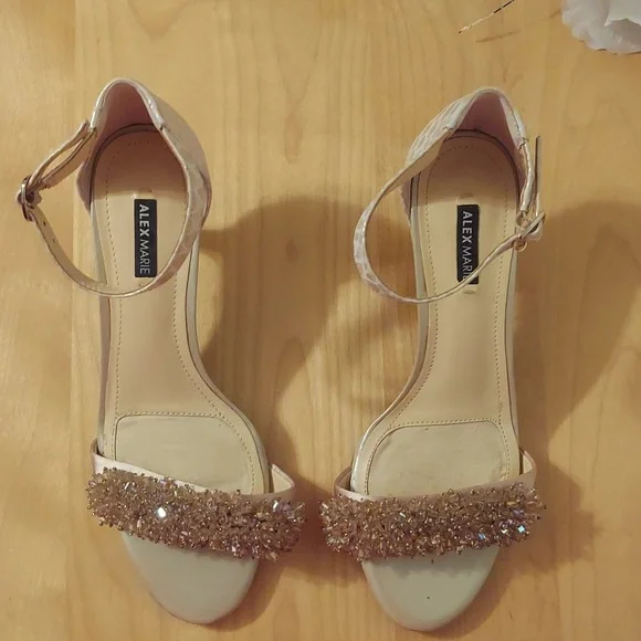 Alex Marie Champagne Beaded Animal Print Leather Ankle Strap Heels Size 6.5 - Picture 4 of 16